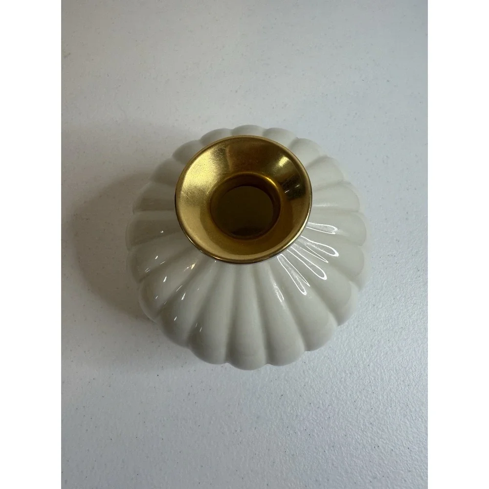 Vtg Lenox Ivory Sweet Briar Bud Vase Ribbed w Gold Inside 4.75